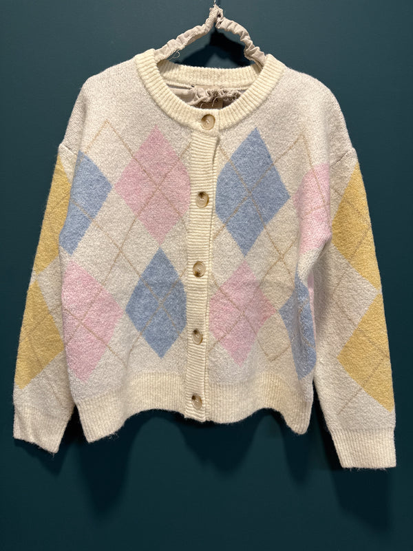 Maglia cardigan rombi fondo panna