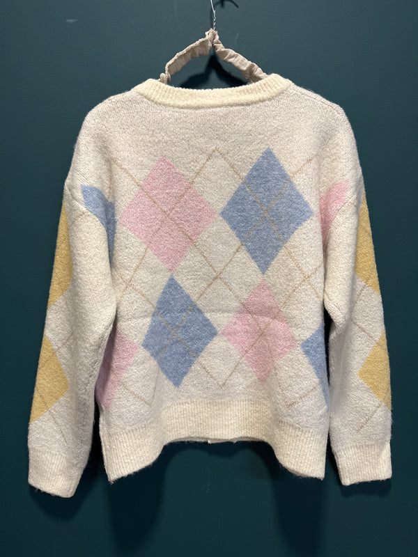 Maglia cardigan rombi fondo panna
