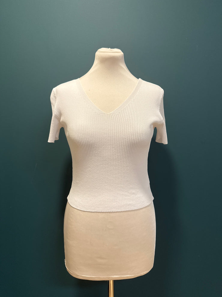 T-shirt bianca scollo a V costine