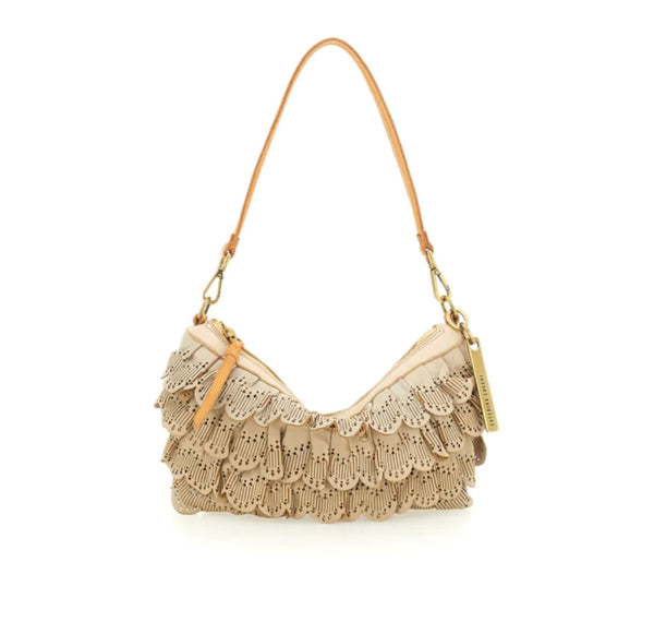 Borsa a spalla media in pelle di vitello tinta in capo con laser, beige "Calce".