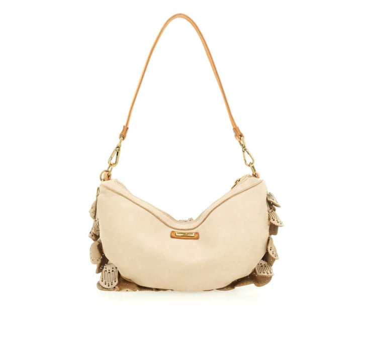 Borsa a spalla media in pelle di vitello tinta in capo con laser, beige "Calce".