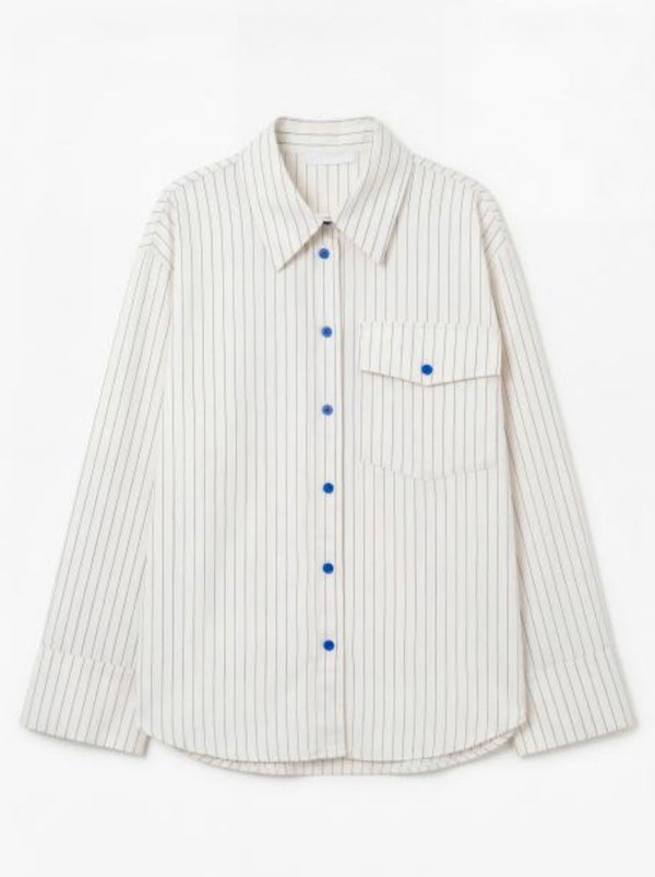 Camicia gessata con taschino riga blu over