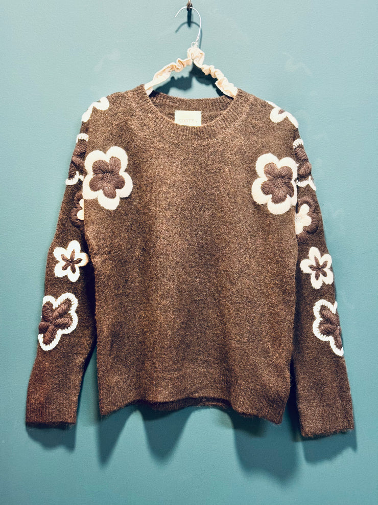 Maglia ricamo fiori caffè