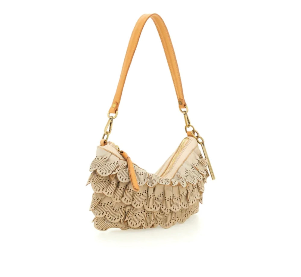 Borsa a spalla media in pelle di vitello tinta in capo con laser, beige "Calce".