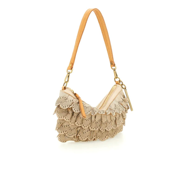 Borsa a spalla media in pelle di vitello tinta in capo con laser, beige "Calce".