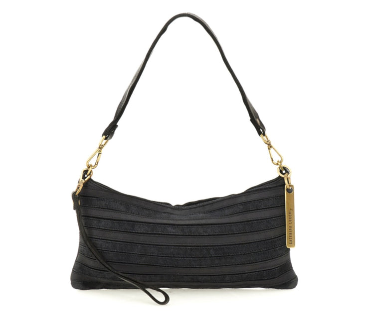 Borsa pochette Nora in pelle di vitello e camoscio multiriga nero