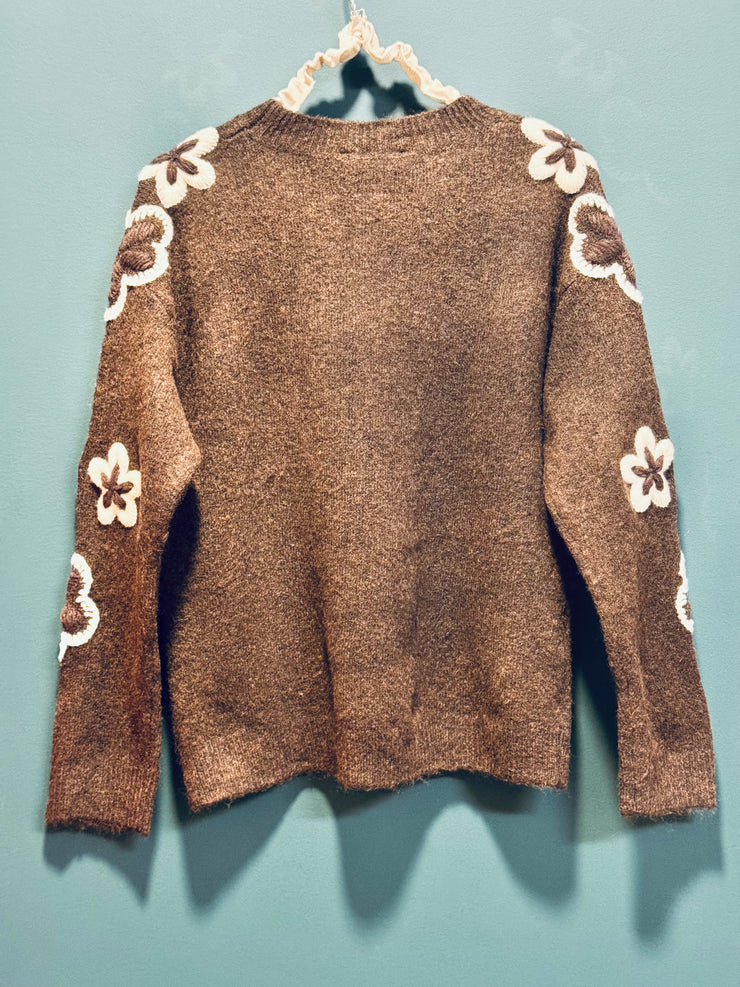 Maglia ricamo fiori caffè