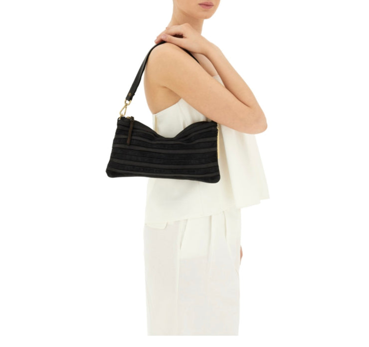 Borsa pochette Nora in pelle di vitello e camoscio multiriga nero