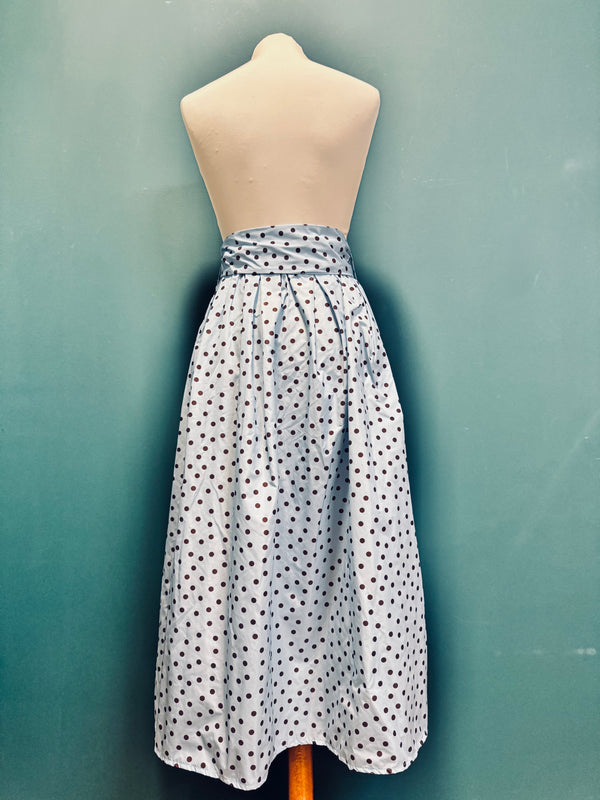 Gonna taffetta azzurro con pois marroni