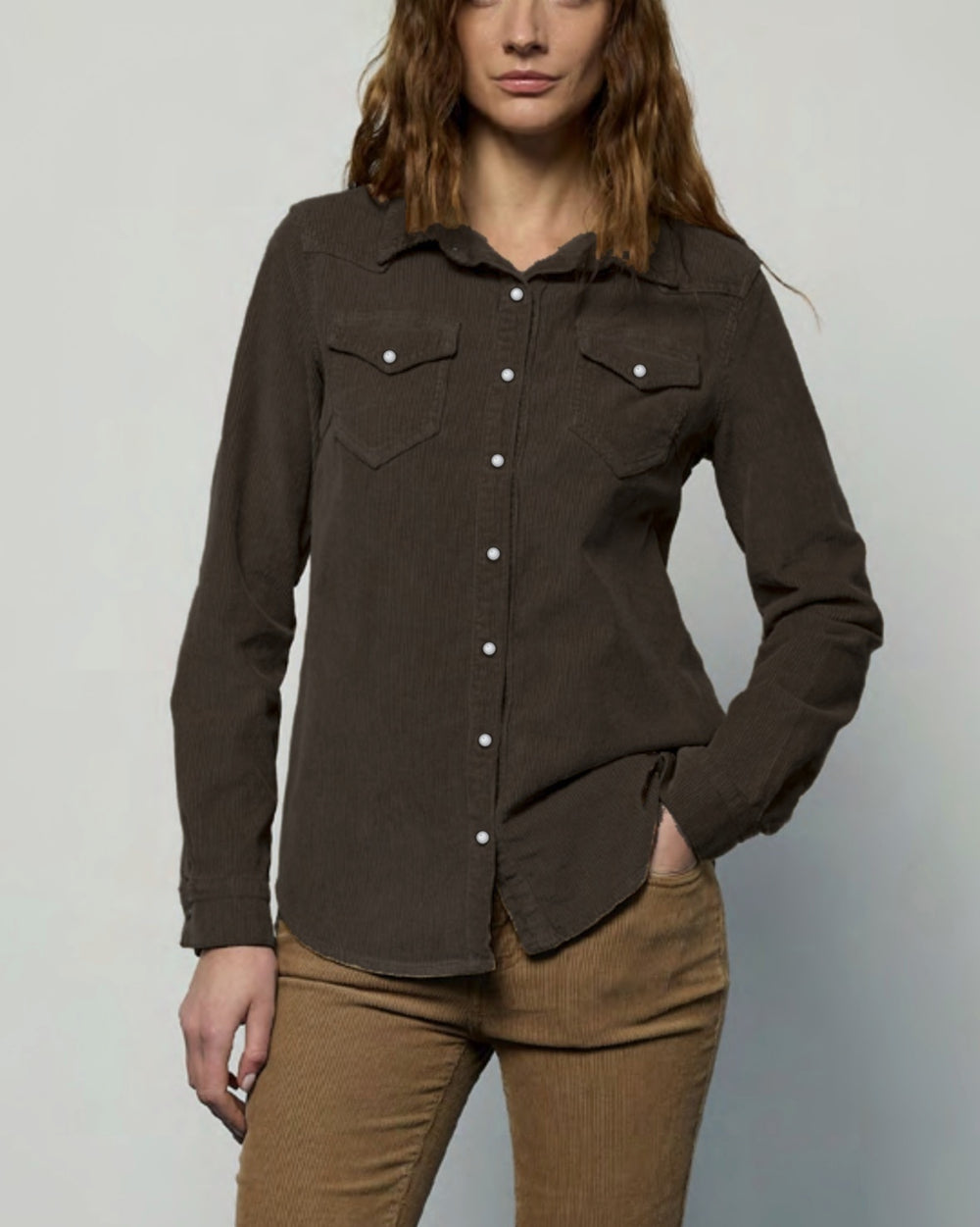 Camicia Janet Noir and Bleu in velluto a costa sottile, cioccolato