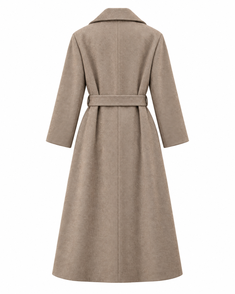 Cappotto lungo spigato tortora con cintura.