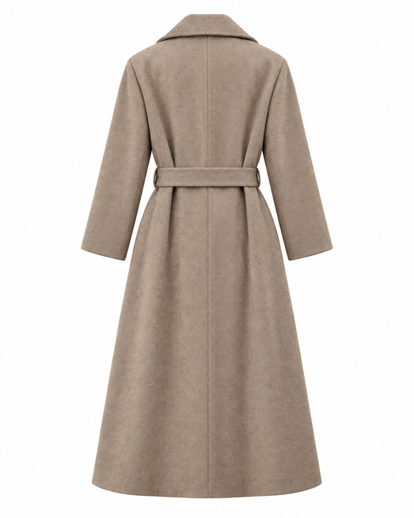 Cappotto lungo spigato tortora con cintura.