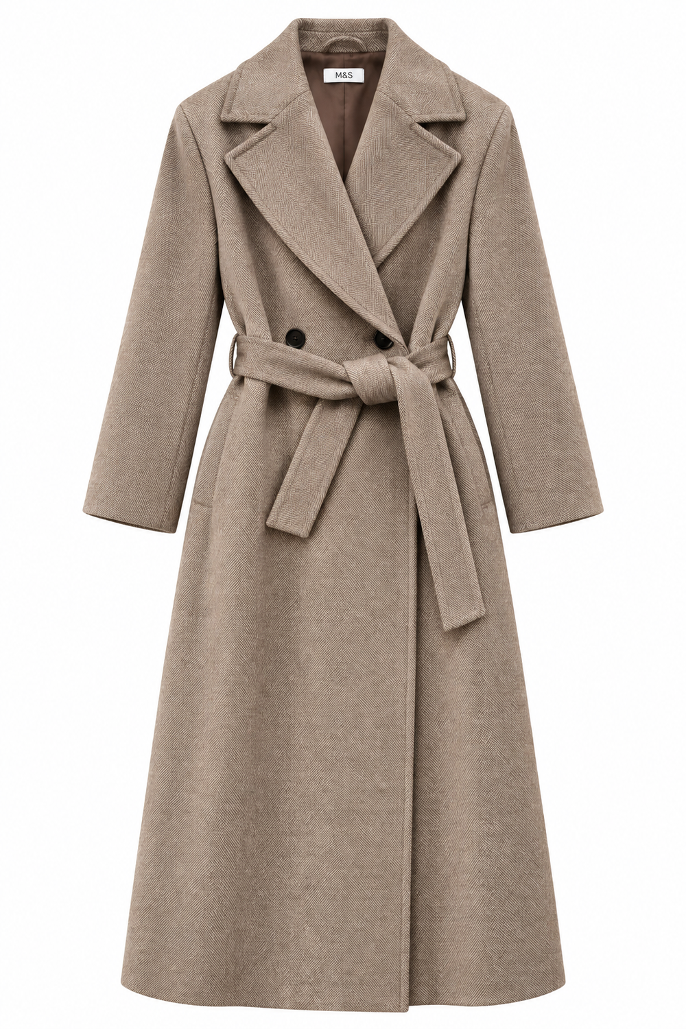 Cappotto lungo spigato tortora con cintura.