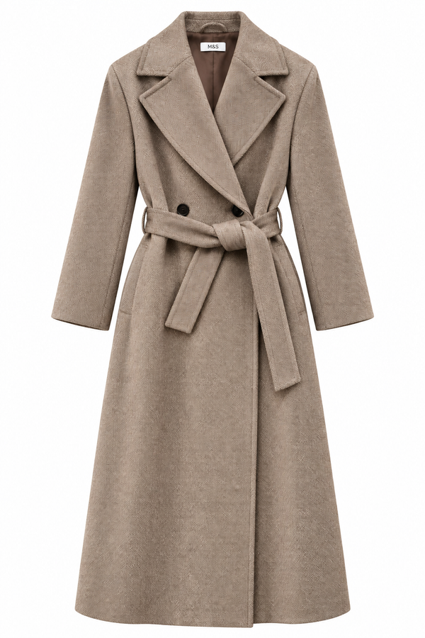 Cappotto lungo spigato tortora con cintura.