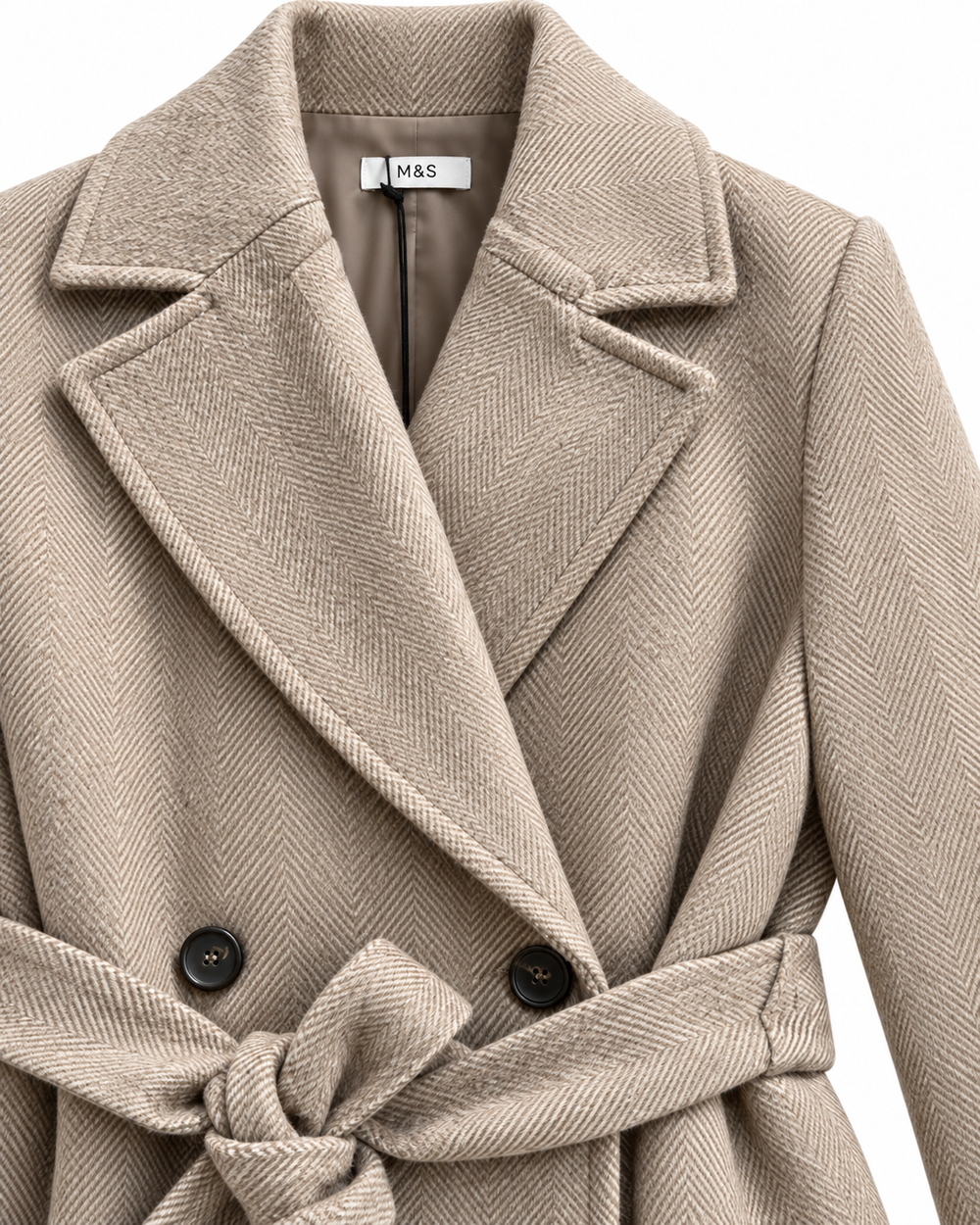 Cappotto lungo spigato tortora con cintura.