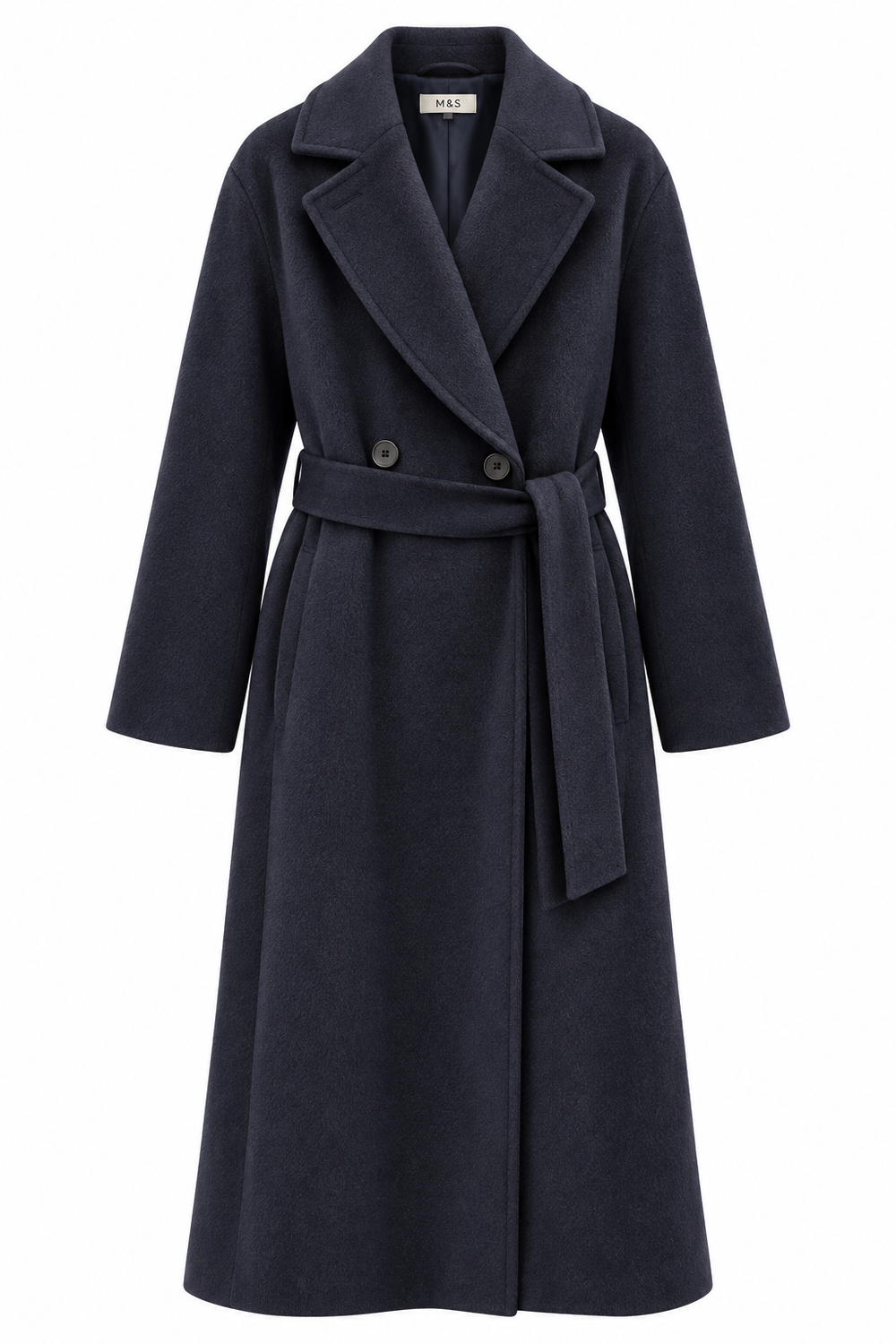 Cappotto lana lungo blu navy doppiopetto con cintura
