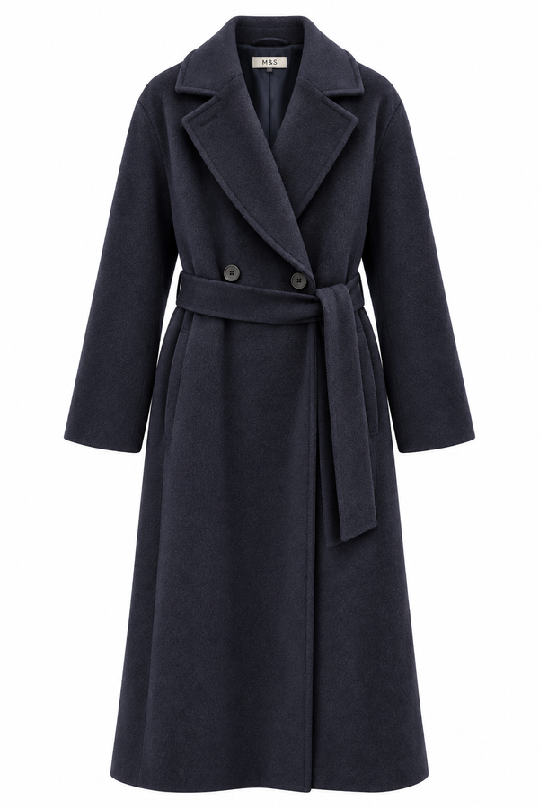 Cappotto lana lungo blu navy doppiopetto con cintura