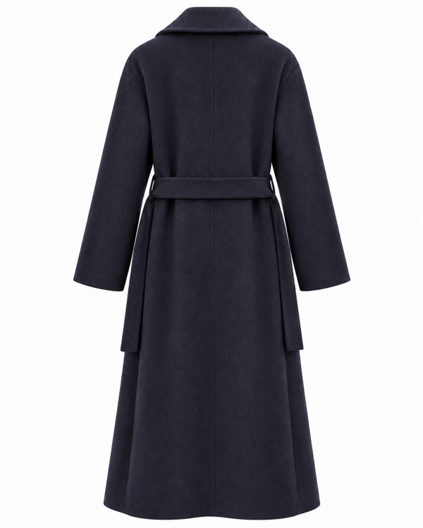 Cappotto lana lungo blu navy doppiopetto con cintura
