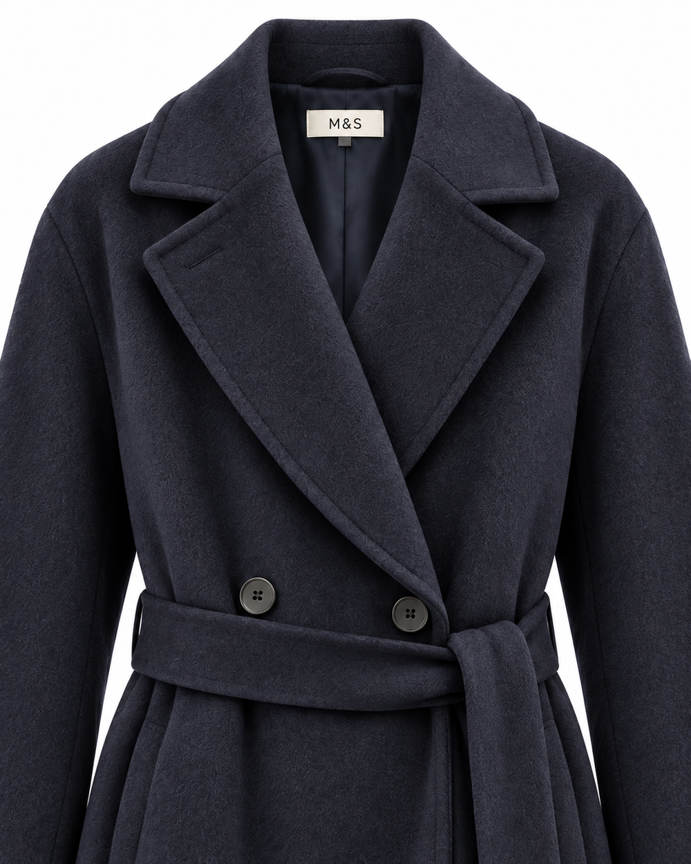 Cappotto lana lungo blu navy doppiopetto con cintura