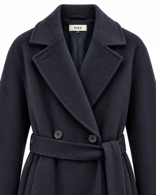 Cappotto lana lungo blu navy doppiopetto con cintura