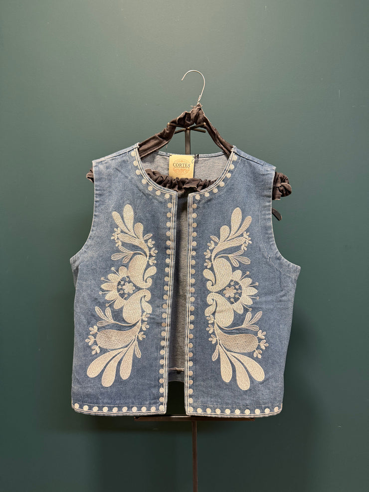 Gilet jeans girocollo ricami