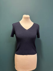 T-shirt blu  scollo V costine