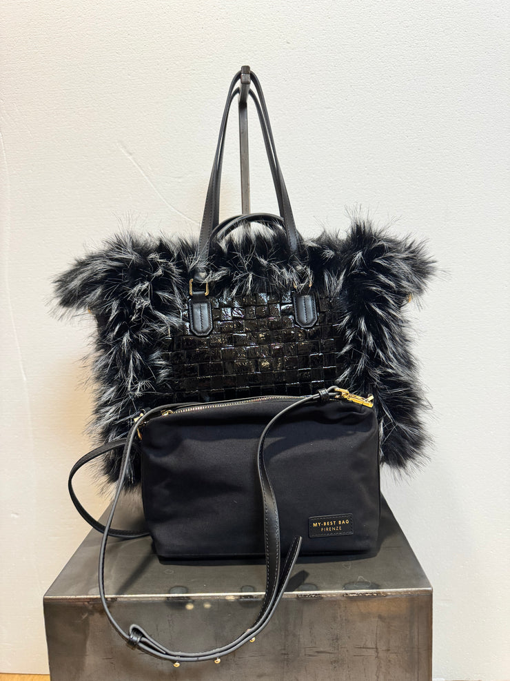 Borsa pelle intreccio nera reversibile