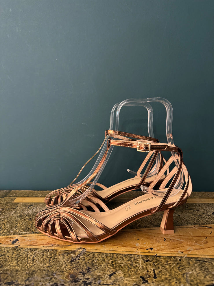 Sandalo pelle laminata gabbietta bronzo con tacco