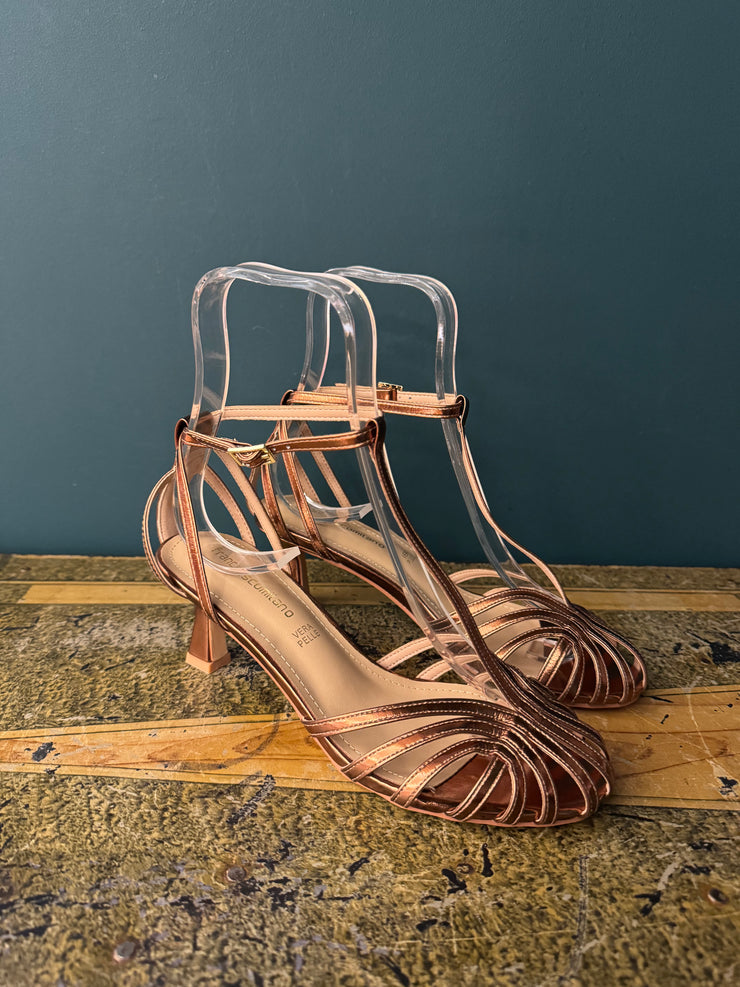 Sandalo pelle laminata gabbietta bronzo con tacco