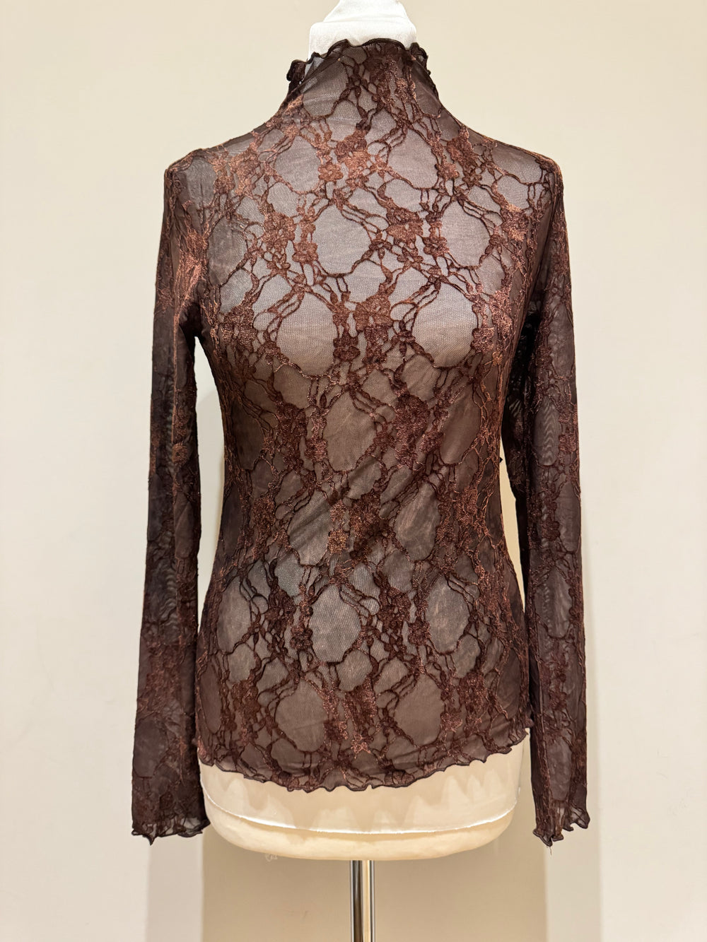 Maglia in pizzo floreale marrone