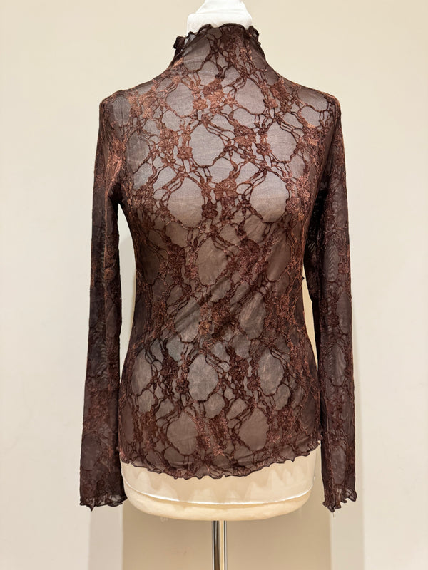 Maglia in pizzo floreale marrone