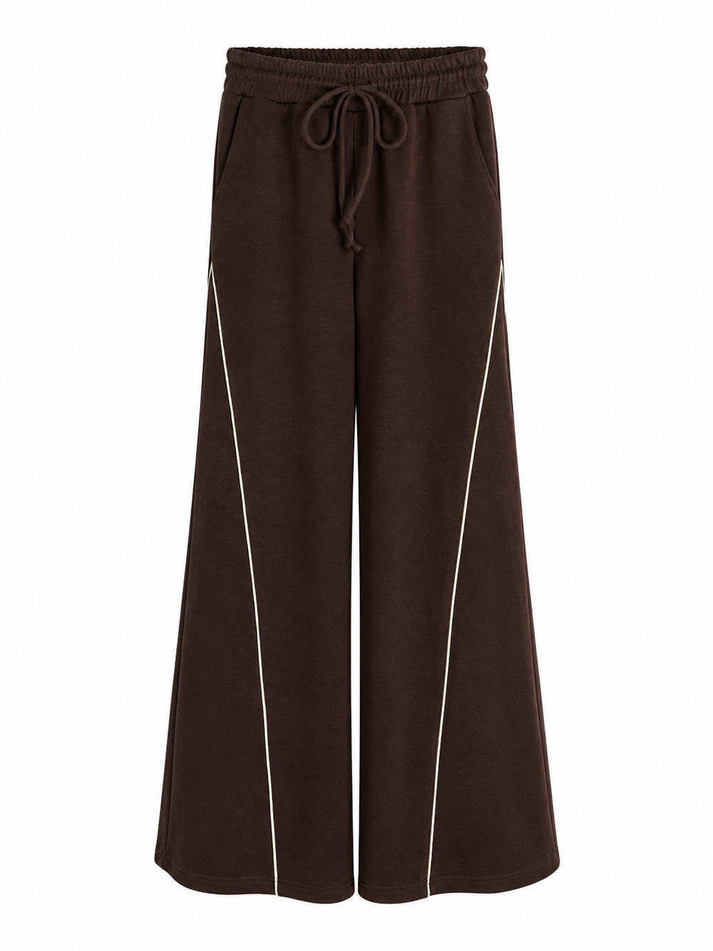 Pantalone tuta palazzo in scuba marrone con profili a contrasto