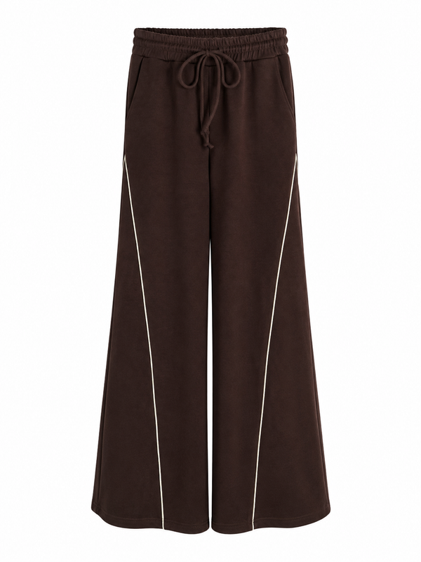 Pantalone tuta palazzo in scuba marrone con profili a contrasto