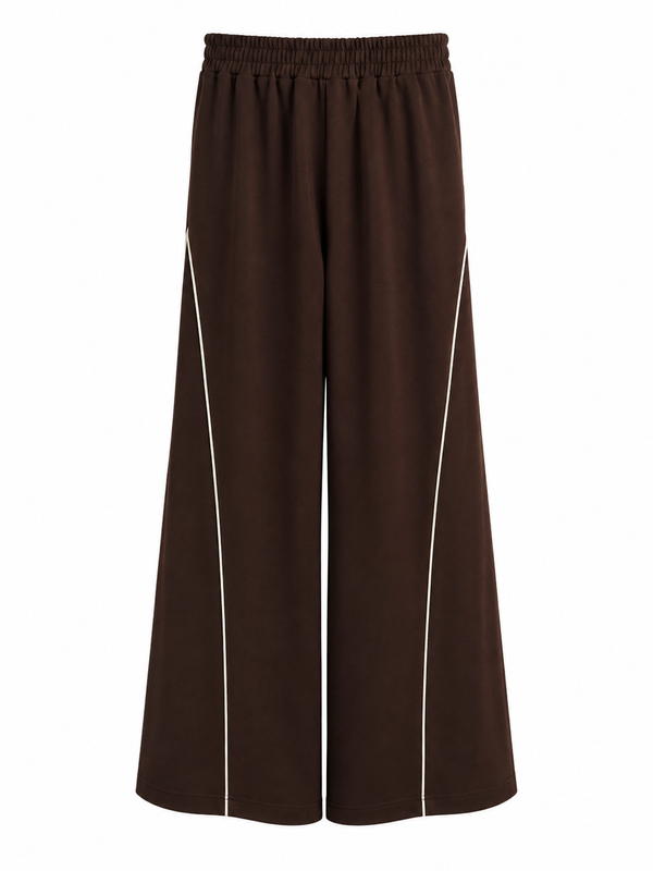 Pantalone tuta palazzo in scuba marrone con profili a contrasto